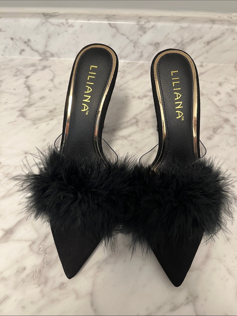 Liliana Black Feather Trim Pointed Mule